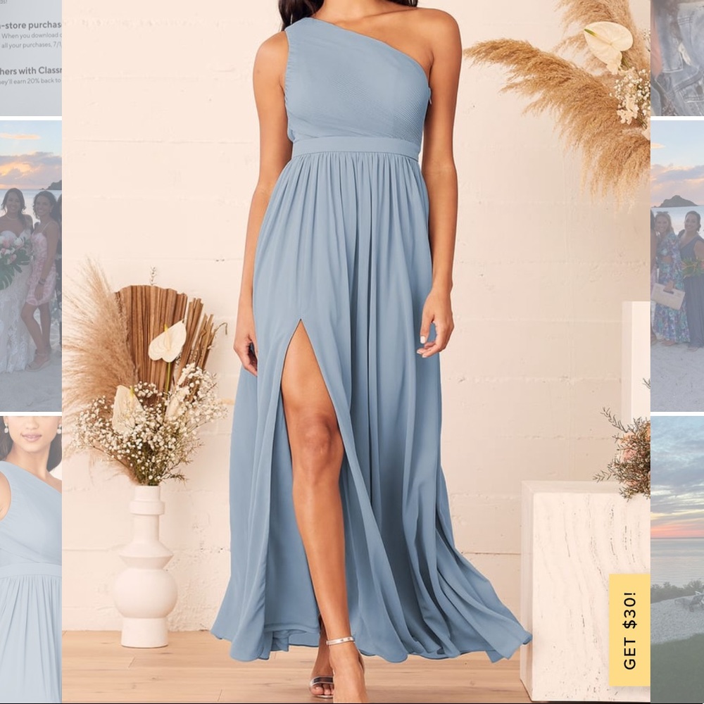 Lulus Dusty Blue One-Shoulder Pleated Maxi Dress